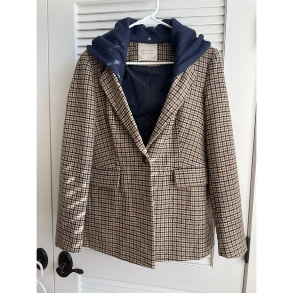 Altar'd State Brown Blue Molly Plaid Blazer Jacket Removable Hood Women's Med - Picture 1 of 9